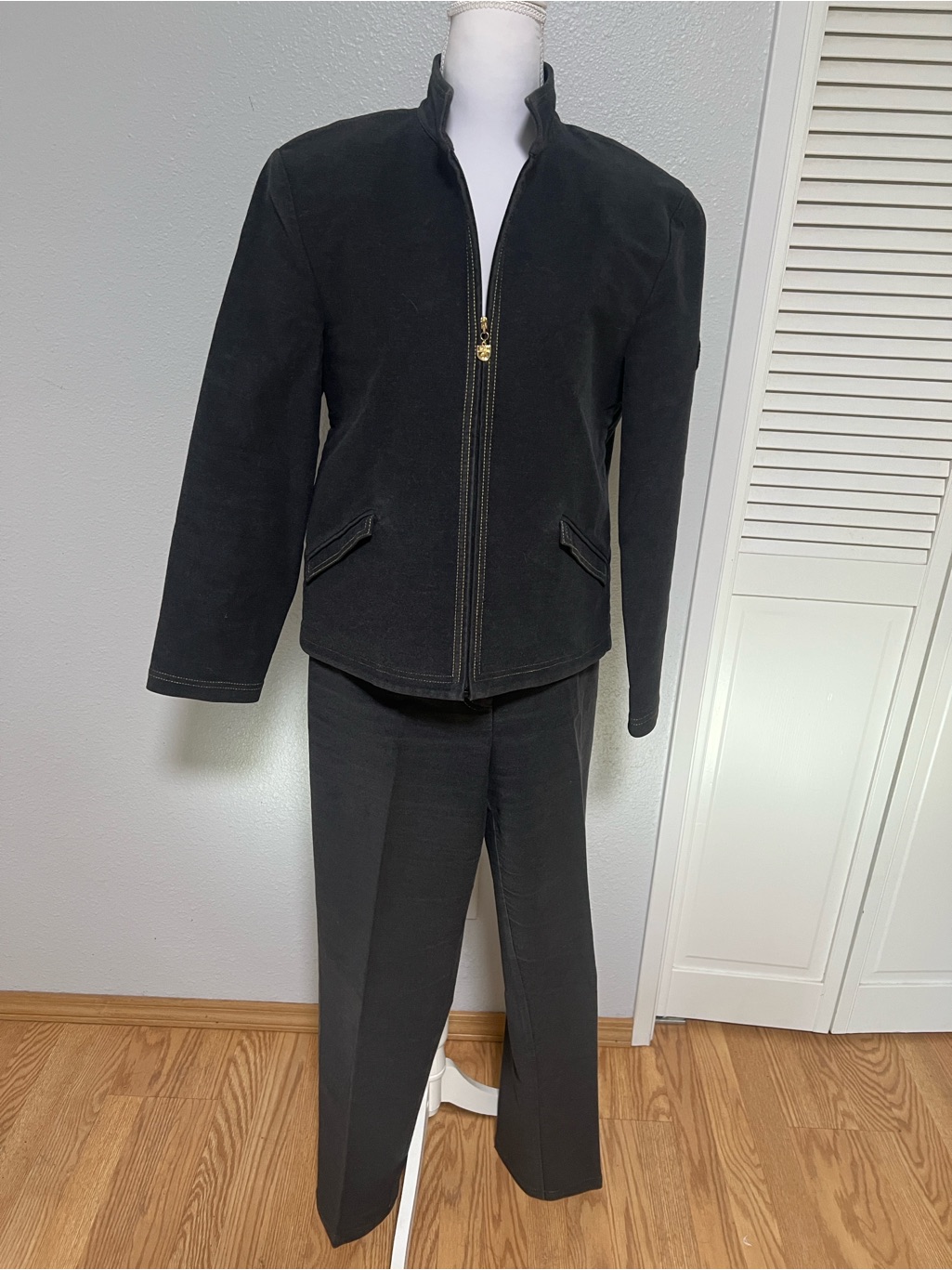 St. John Sport Grey Jacket & Pants Set Yellow Stitching Size S / 10